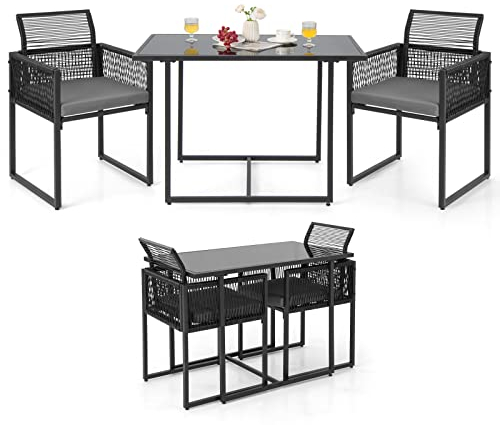 LIFEZEAL Conjunto de Muebles de Jardín, Set de Conversación de Ratán PE para Exterior, Conjunto de Comedor de Jardín, 1 Mesa de Centro de Cristal y 2 Sillas con Respaldo Plegable para Balcón, Terraza