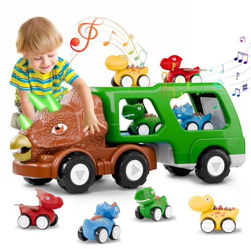 Dinosaurier LKW Spielzeug ab 2 3 4 5 6 Jahre, 5 IN 1 Transport Truck Auto Spielzeug mit Brüllen Sound Lichtern Geburtstags Weihnachts Geschenke für Jungen Mädchen Kleinkinder Kinder 2 3 4 5 6 Jahre