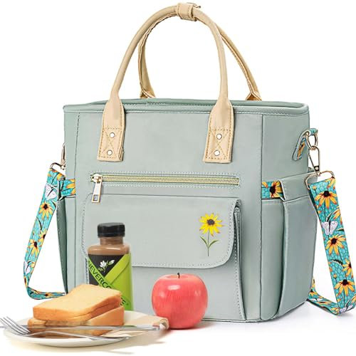 Hihealer Deluxe Lunch Tasche Damen mit Seltenem Blumenmuster - Große Auslaufsichere Isolierte Kühltasche mit Mehreren Taschen und Abnehmbarem Gurt für Arbeit/Picknick Weihnachtsgeschenke für Frauen