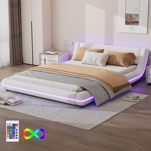 Merax Polsterbett 140x200cm mit LED Beleuchtung, Bodenbett Doppelbetten mit Kopfteil und Lattenrost, Modern Flachbett Schwebebetten, Luxus Bett, PU, für Erwachsene & Jugend, Ohne Matratze, Weiß