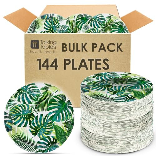 Talking Tables 96 x Tropical Strong Paper Plates, Bulk Pack Palm Design Disposable Tableware, Kid's Jungle Hawaiian Theme Party, Table Decorations Summer Luau, Green for BBQ, Birthday, Size 9’, Floral