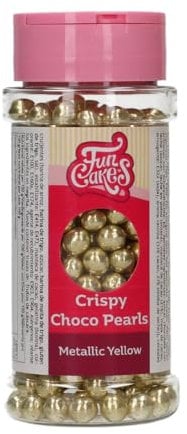 FunCakes Crispy Choco Pearls - Metallic Yellow, Giallo - Decorazioni di Cioccolato Commestibili, Ottime per Decorare Torte, Cupcake, Biscotti e Pasticcini - Decorazione di Torte e Cupcake - 60 g
