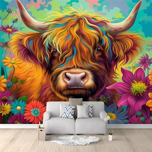 Colorful Background Wall Mural - 150 x 105 cm Animal Highland Cattle and Flowers Photo Wallpaper for Boys' Bedroom, Living Room, Playroom, Nursery, Teen Room, Kids' Photo Mural Wall Art
