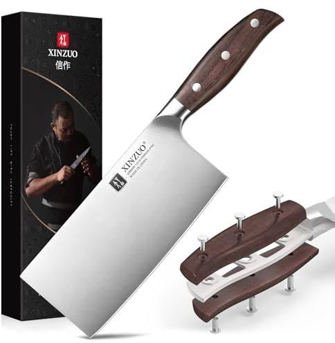 XINZUO 17.5cm Couperet de Cuisine Acier Inoxydable 1.4116 Allemand, Multifonctions Tranchant Couteau du Chef Chinois, Professionnel Couteau de Boucher Cuisine -Poignée en Red Sandalwood Full Tang