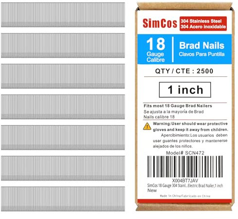 SimCos 18 Gauge 304 Stainless Steel Brad Nails 18 GA Nail Gun Nails Assorted and Small Finishing Nails for Pneumatic, Electric Brad Nailer (1 Inch)