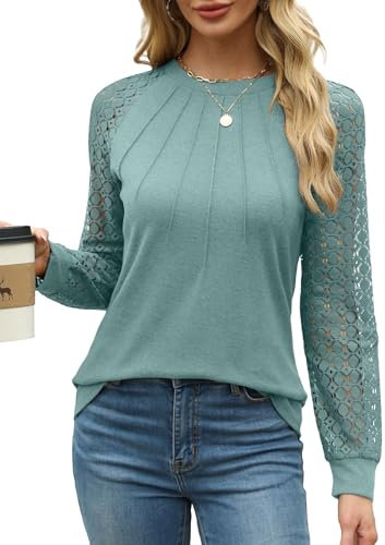Aokosor Long Sleeve Tops Women Tops Plain Crew Neck Pleated Shirt Loose Casual Blouse for Women Tunic Shirt Ladies Jumpers Size 10-12 Pine Green