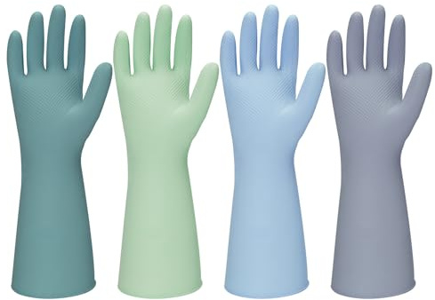 Gummi-Küchenhandschuhe, 4 Paar, bunt, wiederverwendbar, Haushalts-Reinigungshandschuhe zum Geschirrspülen und Reinigungsaufgaben, flexibel und langlebig, wasserdicht (klein, dunkelgrün + blau + grün +
