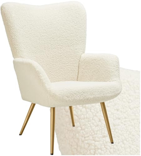 TecTake® Fauteuil Relax Confortable en Tissu Bouclette Fauteuil Scandinave Moelleux avec Accoudoirs & Dossier Ergonomique pour Salle à Manger, Salon, Chambre, Siege Bureau, Allaitement Crème/Or