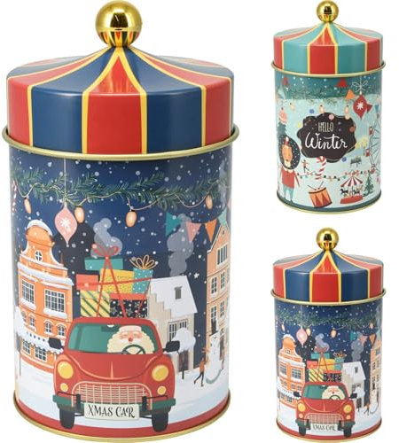 Round Christmas Storage Tin | Kitchen Food Tin Festive Cookie Biscuit Tin | 3D Carousel Shaped Gift Box Festive Designs for Sweets Treats - Design Varies One Supplied