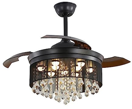 Ventilador de techo de cristal con luz, ventilador de araña moderno regulable de 6 velocidades con control remoto, cuchillas retráctiles invisibles, accesorio de iluminación de techo for dormitorio, s