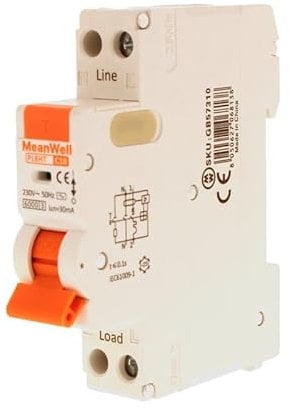 MeanWell Interruttore Magnetotermico Differenziale Slim Da 1 Modulo DIN, RCBO 1P+N C10 10A, Tipo AC Curva C 30mA 6000A, 2 Poli 1M 220V
