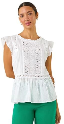 Roman Originals Broderie Anglaise Frill Sleeve Top for Women UK - Ladies Everyday Holiday Spring Summer Round Neckline Comfy Soft Evening Vacation Work Party - Ivory - Size 12