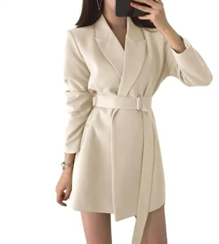 AAIXXIZAO Jacke Jacken Damen Blazer Jacke Revers Mit Gürtel Langarm Langarm Taille Solid Farbe Vintage Business Lady Long Anzug Mantel Beige Sege