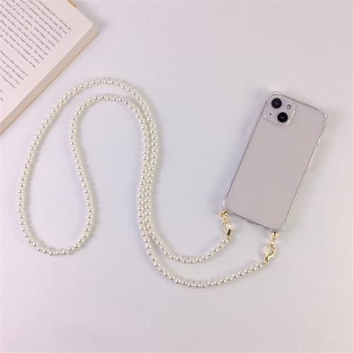 QGGNMGT Luxuriöse Crossbody-Lanyard-Halskette mit Perlenkette, Handyhülle für iPhone 11 12 13 14 15 Pro Max, Hülle mit Riemen, A, für iPhone 15 Pro