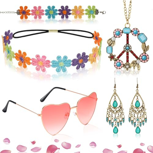 KOOKZ Hippie Accessoires, Flower Power Kostüm 70er Jahre Outfit Damen Faschingskostüm mit Peace Kette, Brille und Haarschmuck - 5 Stück