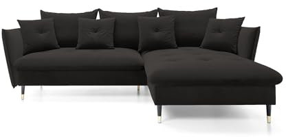DomoHome Ecksofa Glam mit Schlaffunktion, Freistehend, Ottomane und Goldenen Füßen – Samtsofa im Glamour-Stil für Ihr Wohnzimmer, mit Zierkissen, 258x167x91cm, Rechte Seite SCHWARZ