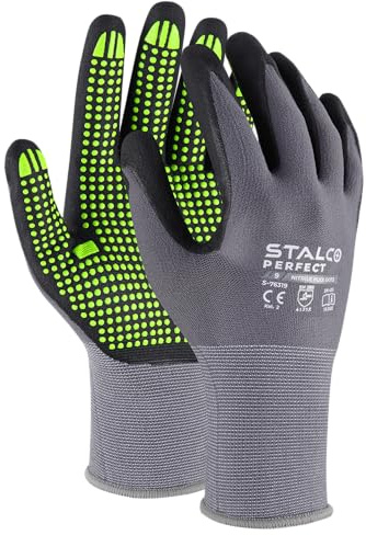 Stalco Arbeitshandschuhe mit Noppen Anti-Rutsch Griff | Nitrilhandschuhe für einen sicheren Griff | Für Damen und Herren | Größe 8|9|10 | Grau | 3 Paar (Größe 8 (3 Paar))