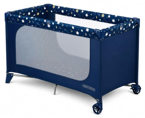Ricokids Reisebett Baby mit Matratze Klappbar Kinderreisebett Tragetasche 123,5 x 64 x 76 cm Dunkelblau mit Sternen