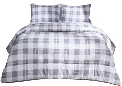 OHS 10.5 Tog King Size Duvet Coverless, Soft Warm Microfibre Fabric Timeless Gingham Design Coverless Duvet Comfortable for All Season Washable King Duvets & Pillowcases, Grey