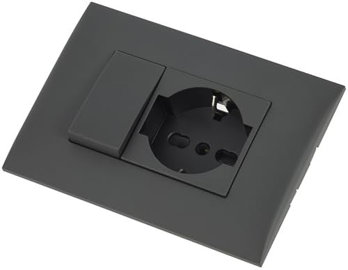 Electraline 22121 Blocco Presa Universale + Deviatore con Placca/Set Placca Premontata 1 Presa universale P40 16A + 1 Deviatore 10A, due viti di montaggio, Nero
