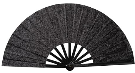 Kotkiddy Éventail à Grand Compartiment Ventilateur à Main pour Danse en Ligne éventail Pliant pour Danse avec Bottes sur Le Sol fête de Danse décoration extérieure (Paillettes Noires)