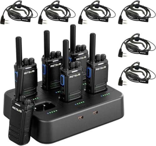Retevis B64 Walkie Talkie 6er Set mit Headset, Sprachansagen auf Deutsch | KI-Zwei-Wege-Rauschunterdrückung, 6-Fach-Ladegerät, ABS Robustes Funkgeräte Set Lizenzfreie für Bar, KTV, Nachtclub