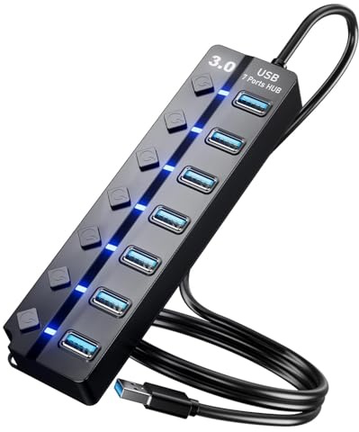 USB Hub for Laptop, SNLLMZI 7-Port USB 3.0 Hub Splitter with Individual On/Off Switches and Lights, 4ft/1.2m Long Cable Compatible for Laptop,PC Computer,Surface Pro,PS4/5,Flash Drive,Mobile HDD,etc.