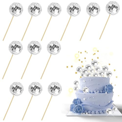 Disco Ball Cake Decorations, 12PCS Disco Ball Cake Toppers, Cupcake Toppers Mirror Balls Cake Decorations for Birthday 1970s Discos Themed Party Supplies