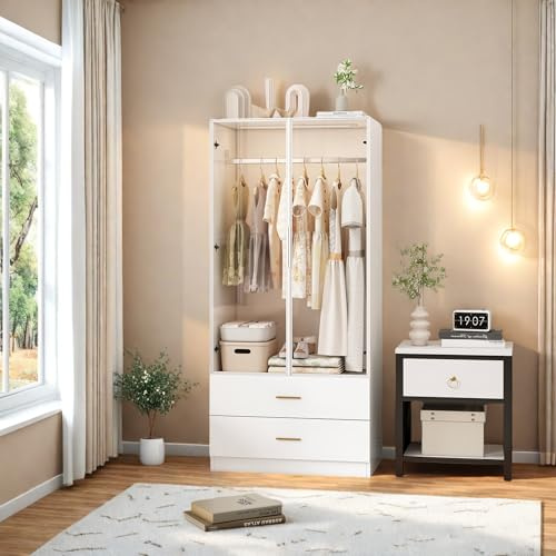 DIYHOM Weiß Kleiderschrank mit Glastüren, Garderobenschrank mit Kleiderstange und 2 Schubladen, für Schlafzimmer Ankleidezimmer, 80 x 50 x 175 cm