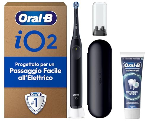 Oral-B iO 2 Spazzolino Elettrico, 1 Testina di Ricambio, Custodia, Nero | 1 Testine di Ricambio per Spazzolino Elettrico, Ricaricabile, Custodia Viaggio + 1 Dentifrico Advanced Prevenzione Tartaro