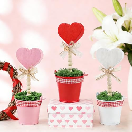 Songjum 3 Pcs Valentines Wooden Heart Potted Decoration Pink White and Red Rustic Candy Heart Shaped Plant Pot Tabletop Centerpiece Tiered Tray Decor for Wedding Valentines Day Home Gifts