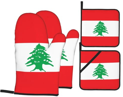 Lot de 4 gants et tapis résistants à la chaleur Motif drapeau du Liban Convient pour griller, frire et cuire au four à micro-ondes