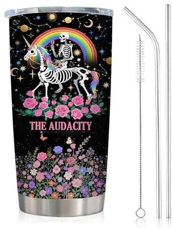 Zorbal Skull Stainless Steel Insulated Tumbler 600ml, Double-Sided Print Travel Mug with Straw & Cleaning Brush, Reusable Coffee Cup for Home Office, Gothic Gift for Women, Tarot Lovers