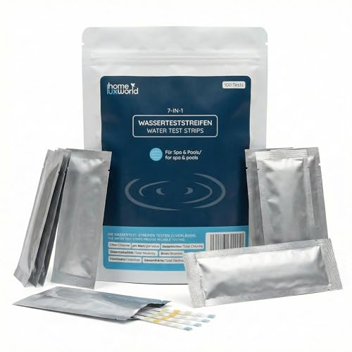 HomeLuxWorld 7-in-1 Poolwasser-Teststreifen, schnelles Ergebnis, 100 Stück | Misst pH, Chlor, Brom, Alkalinität, Härte & Cyanursäure, sicher verpackt im Alubeutel, Wassertester für Pool & Whirlpool