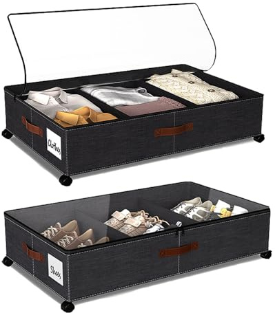 ETOFIXEE 2 Piezas Cajas de Almacenaje Bajo Cama,Caja Bajo Cama con Ruedas,Estructura Metalica,Organizador Zapatos Debajo Cama con Rotación de 360° y Tapa y Ventana de Visua (negro)