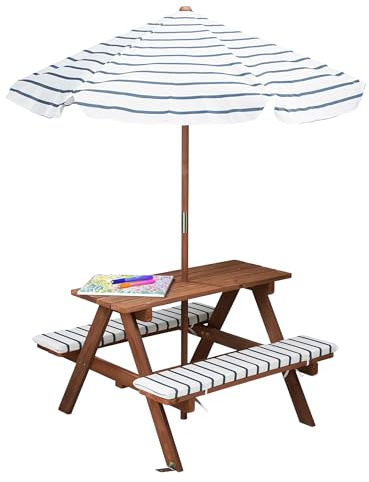 Spetebo Set da Picnic in Legno per Bambini a partire da 2 anni con Ombrellone e Imbottitura, 75 x 75 cm, Set di Sedie da Giardino per Bambini, Supporta fino a 80 kg, in Legno, Mobili da Giardino per