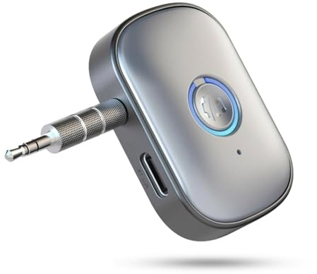 Receptor Bluetooth 5.3 AUX para Coche, Adaptador Bluetooth Jack 3.5 mm con Micrófono y Batería Recargable USB-C, Manos Libres para Radio de Coche y Altavoces, Compatible iPhone y Android