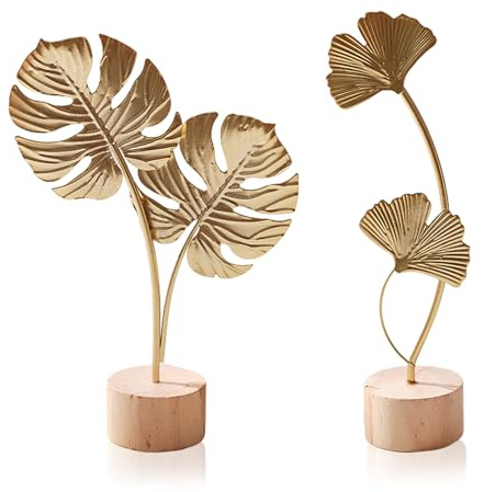 Lwezgi 2 Stück Ginkgoblatt Statue Deko, Deko Gold mit Holzsockel, Metallblatt Kunstornament, Wohndekoration, Geeignet für Wohnzimmer, Schlafzimmer, Bücherregal, Schreibtisch oder Büro