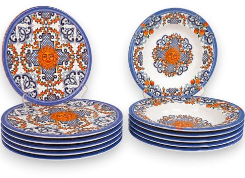 Set di Stoviglie in Melamina Taormina - 12 Pezzi - 6 Piatti Piani, 6 Piatti Fondi - Leggero, Durevole, Lavabile in Lavastoviglie, BPA Free
