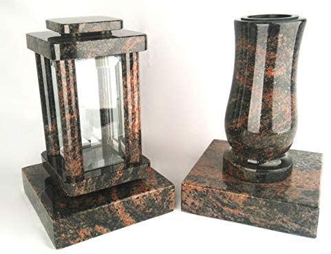 designgrab Modern Grablampe mit Vase und 2 Stück Sockel aus Granit Aurora, Grabschmuckset