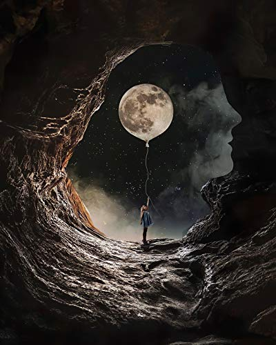 Aapxi Peinture à faire soi-même par numéros noir et blanc – Lune et filles – pour adultes et enfants débutants – 40 x 50 cm toile et 4 pinceaux, peinture acrylique (sans bordure)