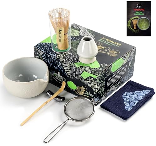 TEANAGOO Service à thé Japonais (7 pièces) Bol à Matcha avec Bec verseur Fouet à Matcha en Bambou (Chasen) Pelle (Chashaku) Porte-Fouet à Matcha Ensemble de Fouet à Matcha N3 Gris Clair…
