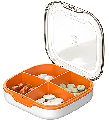 Pillendose mit Fächern für Vitamine, für den täglichen Gebrauch und auf Reisen, 4 Fächer, Weiß / Orange