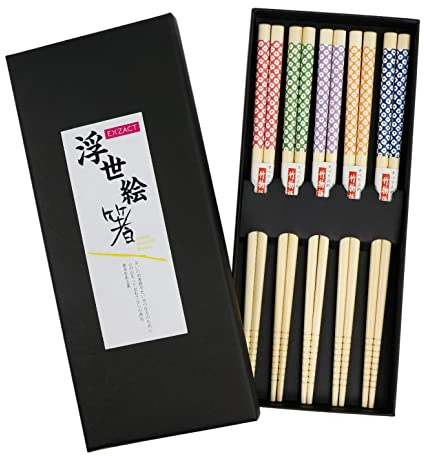 Exzact Chopsticks Gift Set - 5 Pairs of Reusable Natural Bamboo Chopsticks in a Beautiful Black Handmade Box - Decorated Japanese Style
