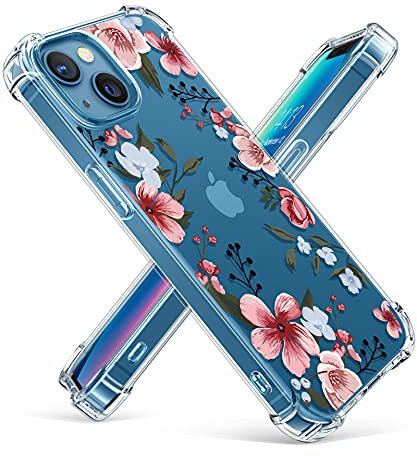 GVIEWIN Compatible with iPhone 13 Case 6.1 Inch 2021, Flower Clear TPU Slim Bumper Shockproof Protective Soft Cover, Catharanthus/Pink
