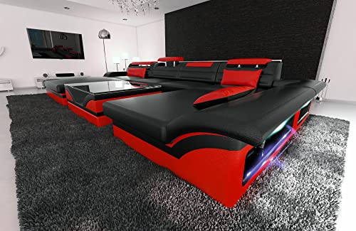 Wohnlandschaft Monza U Form Sofa Ledersofa - mit LED Beleuchtung, verstellbare Kopfstützen, Recamiere/Lederfarben wählbar/Ausrichtung wählbar (Ottomane Links, Schwarz-Rot)