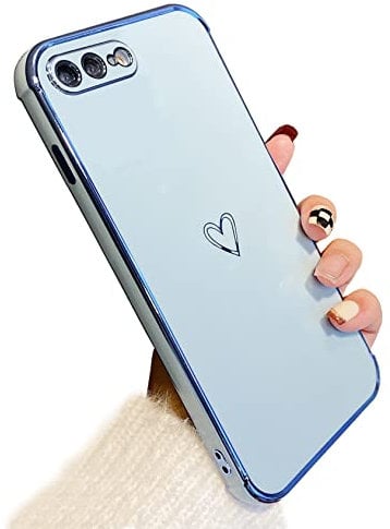 ZTOFERA Compatible with iPhone 7 Plus/iPhone 8 Plus Case for Girls Women, Flexible Silicone Protective Phone Case with Cute Love Heart Pattern Golden Edging Shockproof Bumper Cover, Sierra Blue