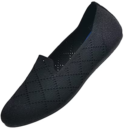 Puxowe Damen Ballerina Flache Schuhe Runde Zehe Strick Kleid Schuhe Niedriger Keil Slip On Ballerina Walking Flats für Frauen Bequem 36 EU Black/Funkelnd