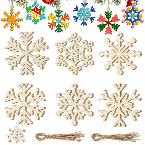 MELLIEX 18 Stück Christbaumanhänger Holz, Schneeflocken Weihnachtsbaumschmuck Holz Weihnachtsbaum Anhänger mit Jute Kordel, für DIY Basteln Geschenk Weihnachtdeko