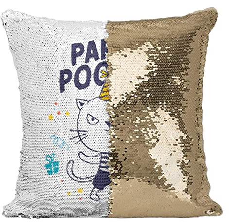Fabulous Kissen mit Paillettenbezug Gold Party Pooper Cat Zeichnung Illustration Lustig